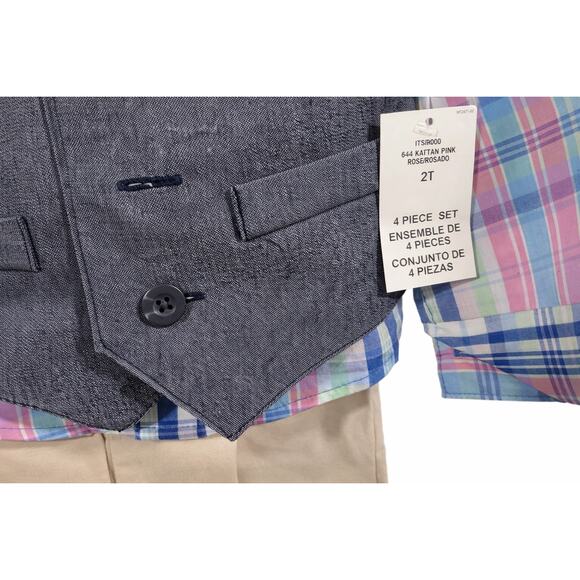 IZOD Boys 2T Easter Preppy Ring Bearer 4pc Suit Gray Vest Plaid Khaki Bow Tie - Picture 4 of 7